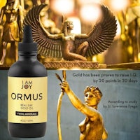 egyptian statues and a bottle of ormus oil